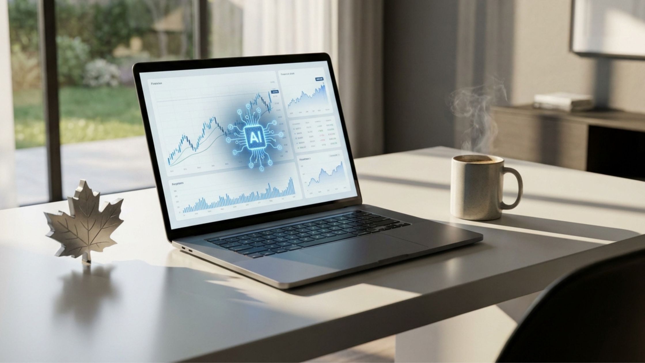 Modern home office desk with a laptop displaying a Quantum AI trading Canada dashboard and a maple leaf paperweight.