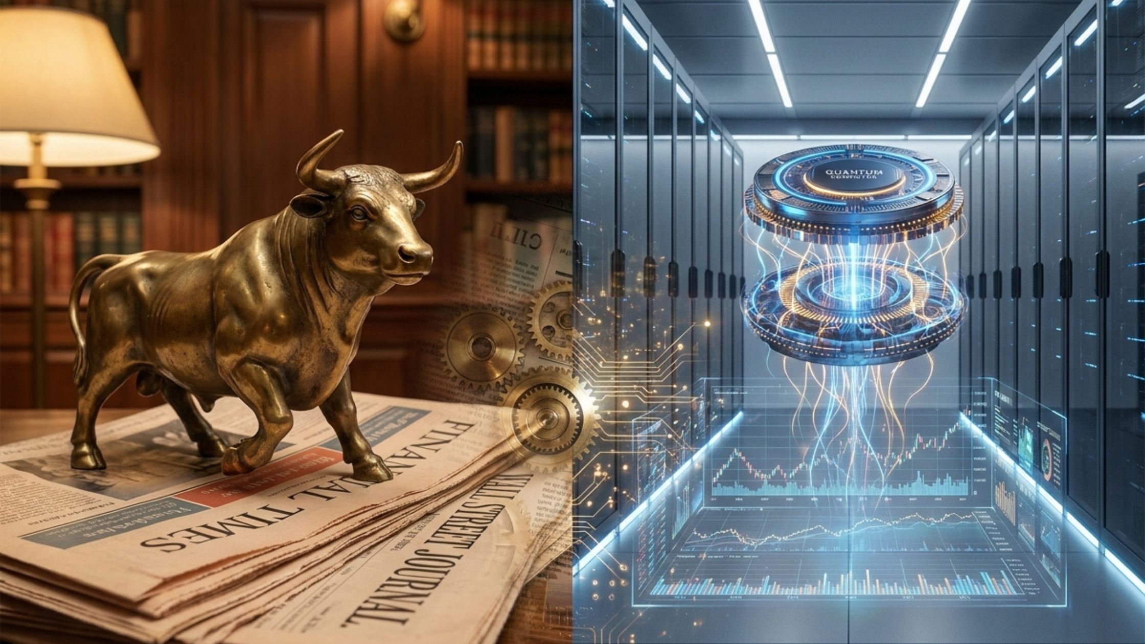Visual comparison of traditional stock trading versus advanced Quantum AI technology.