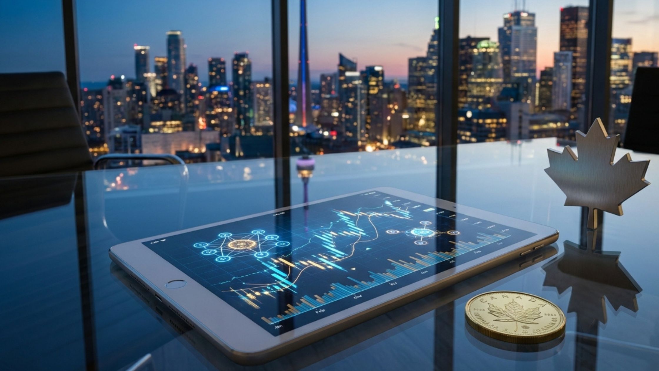 Modern tablet displaying Quantum AI trading charts next to a Canadian Dollar coin