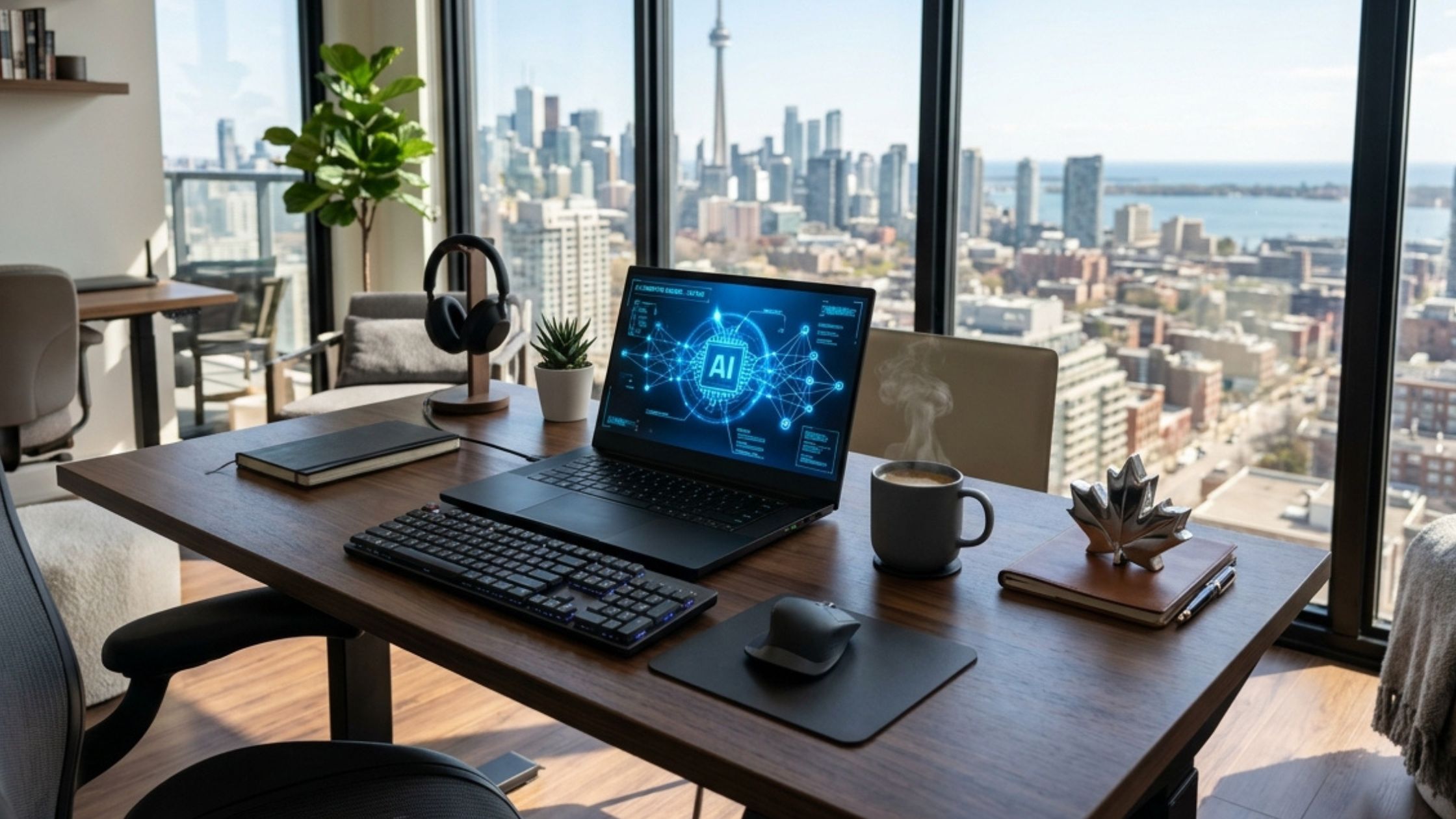 Modern home office desk with a laptop displaying a Quantum AI trading Canada dashboard and a maple leaf paperweight