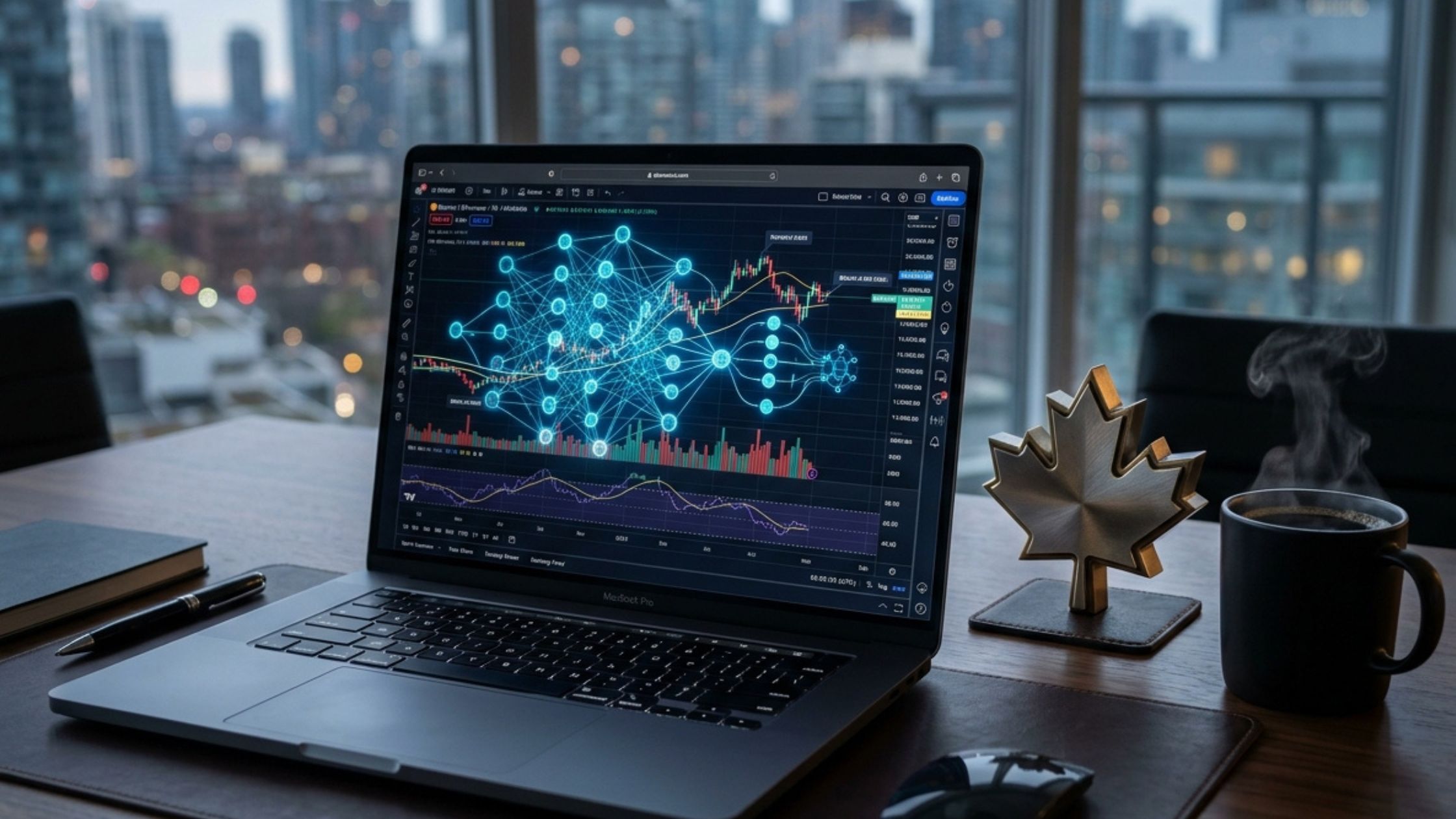 Modern trading desk with laptop showing Quantum AI algorithms and a Canadian maple leaf.