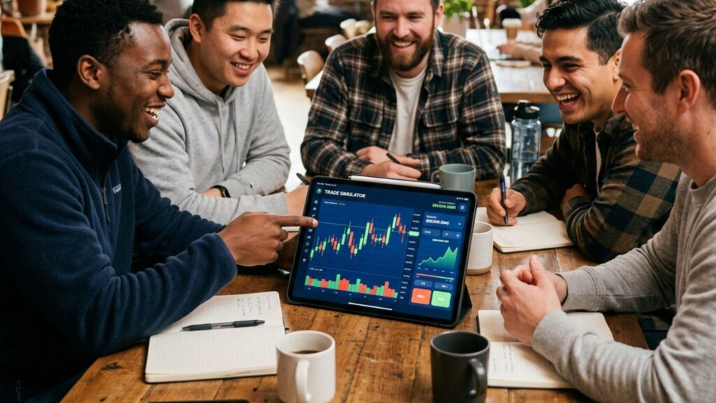 Beginner investor safely practicing with a risk-free demo account on a Quantum AI trading app from a comfortable home setting.