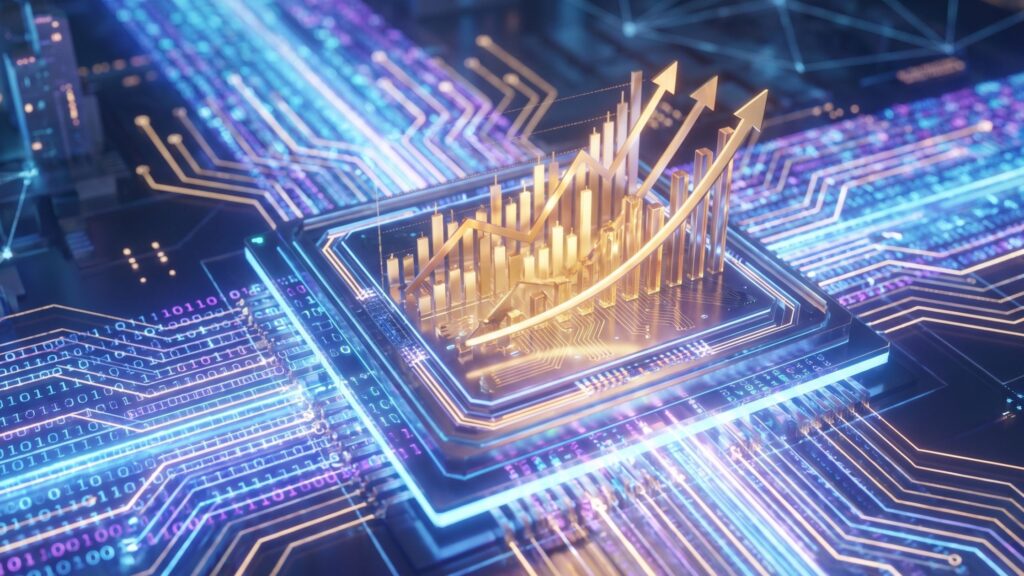 Futuristic microchip processing market data into upward trends to illustrate how algorithmic trading software works.