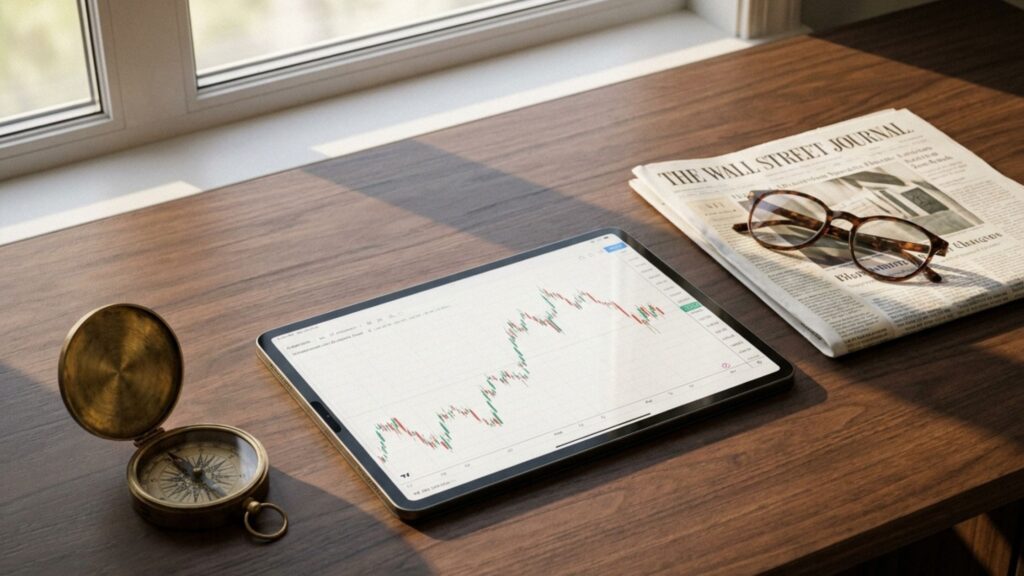 A digital tablet, newspaper, and glasses representing discretionary and manual day trading in Canada.