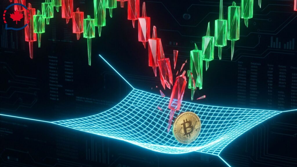 A glowing digital safety net catching a gold coin to illustrate an automated AI stop-loss order.