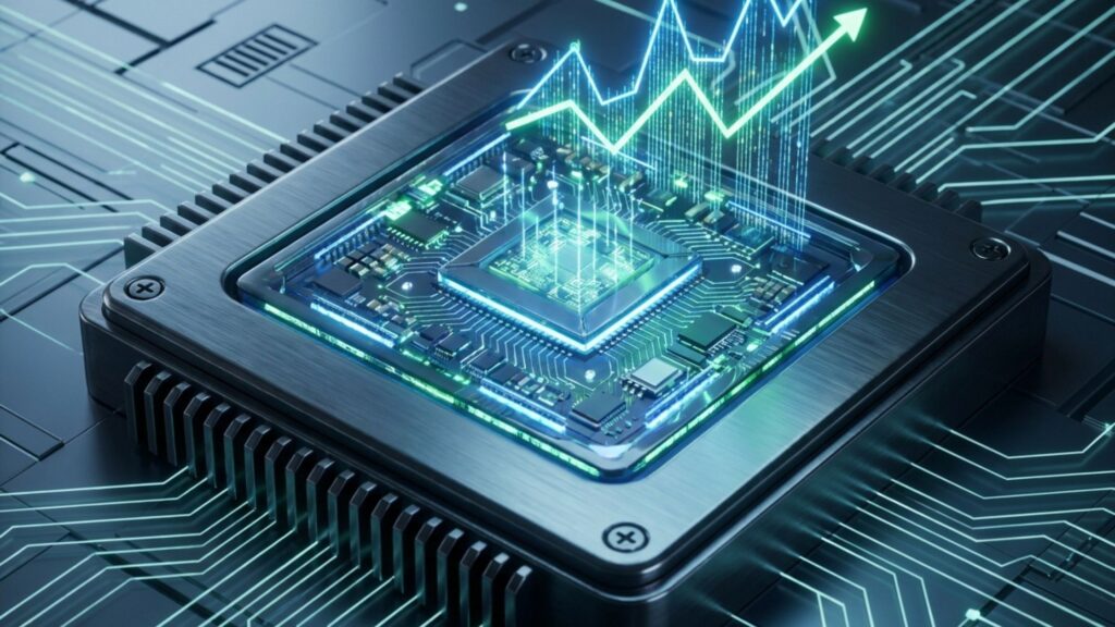 A glowing computer microchip and digital data streams illustrating how algorithmic and automated trading works.