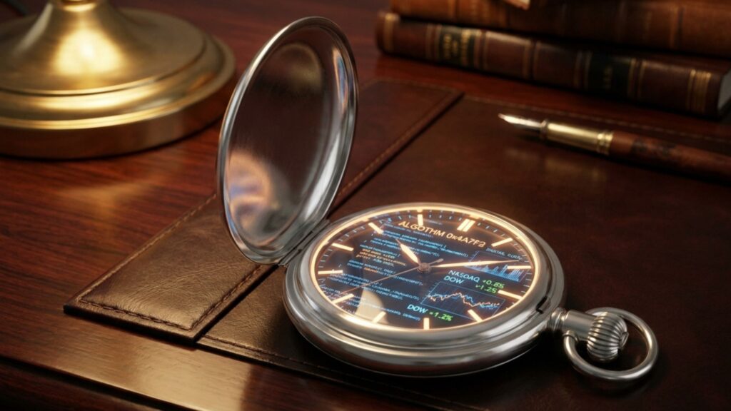 A futuristic pocket watch displaying financial data, representing backtesting AI trading strategies