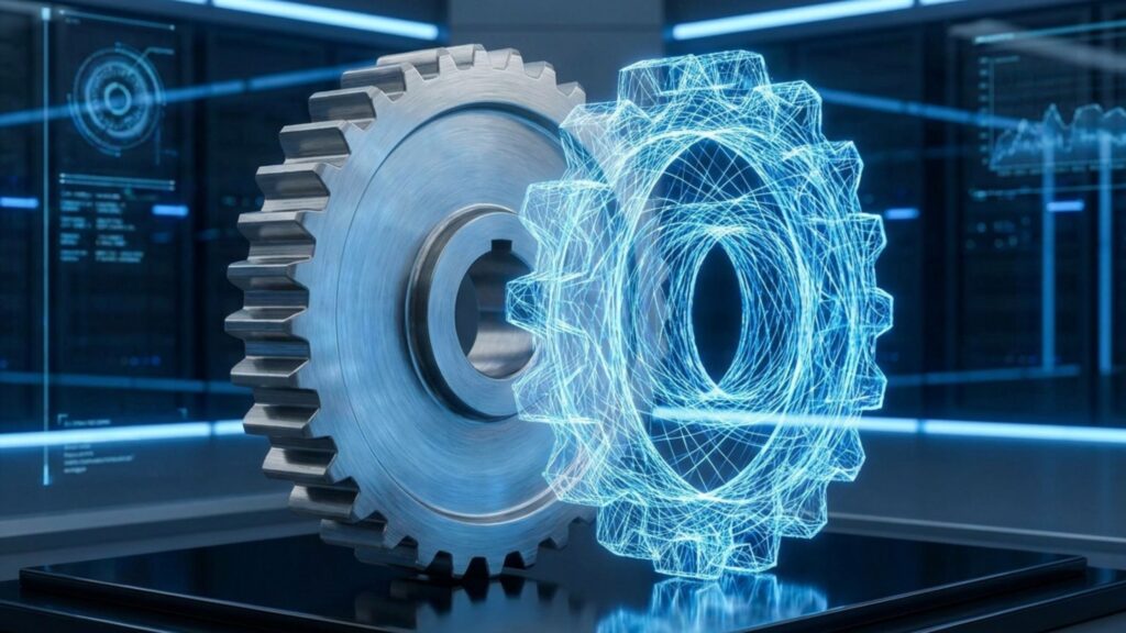 Interlocking physical and digital gears representing the cyborg hybrid approach of automated trading vs manual trading.