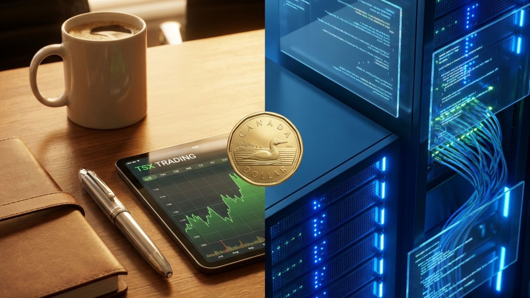 A split screen showing a traditional desk and glowing digital servers representing the automated trading vs manual trading debate in Canada.