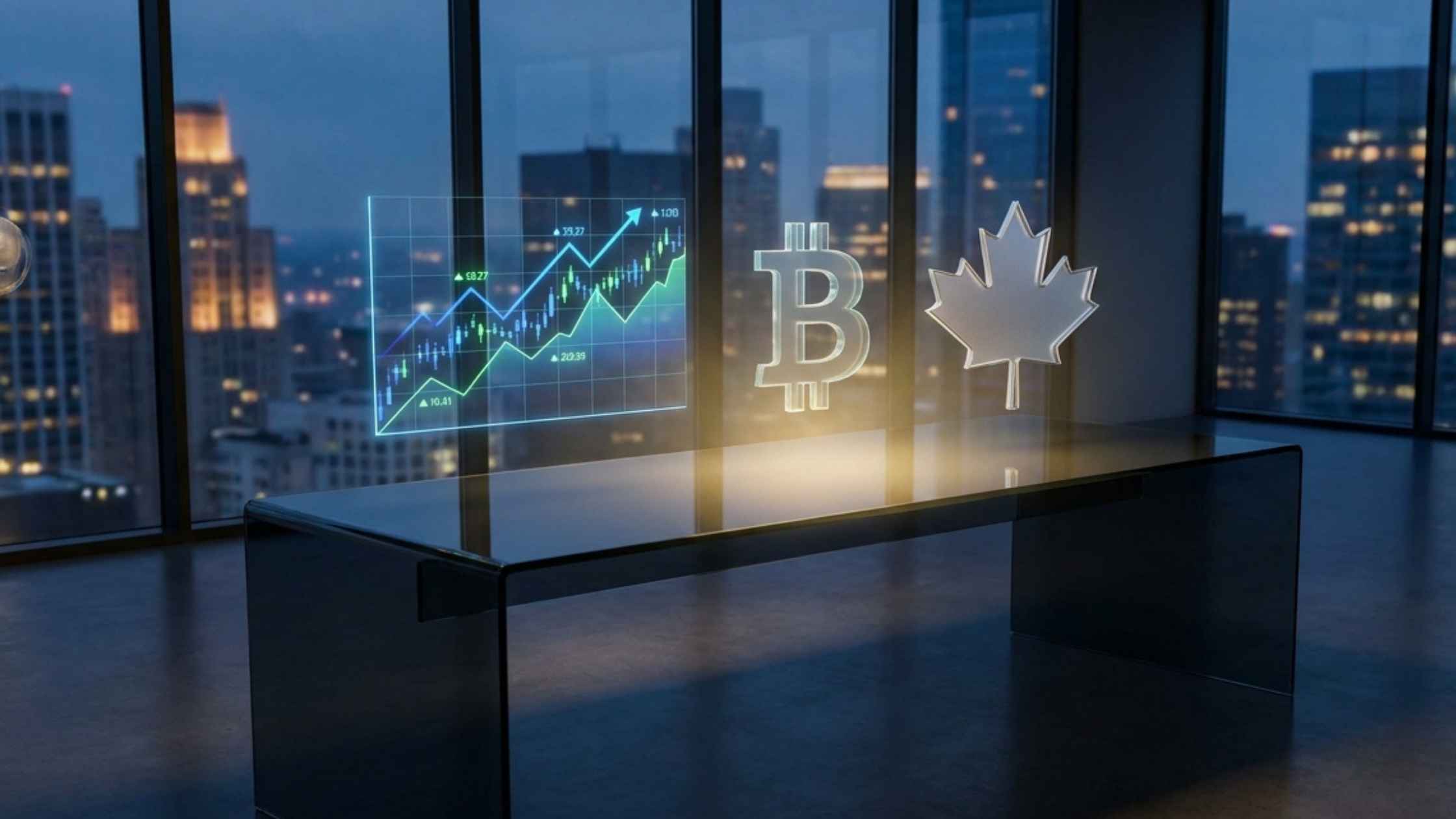 Holographic trading symbols and a Canadian maple leaf representing the best trading platform Canada has to offer.