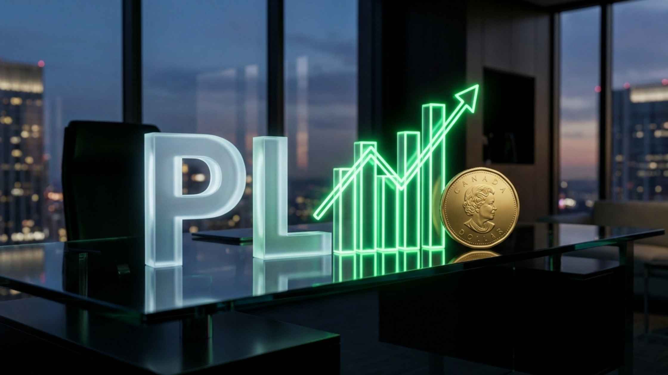 Glowing letters representing the PnL meaning next to a rising financial chart and a Canadian coin.