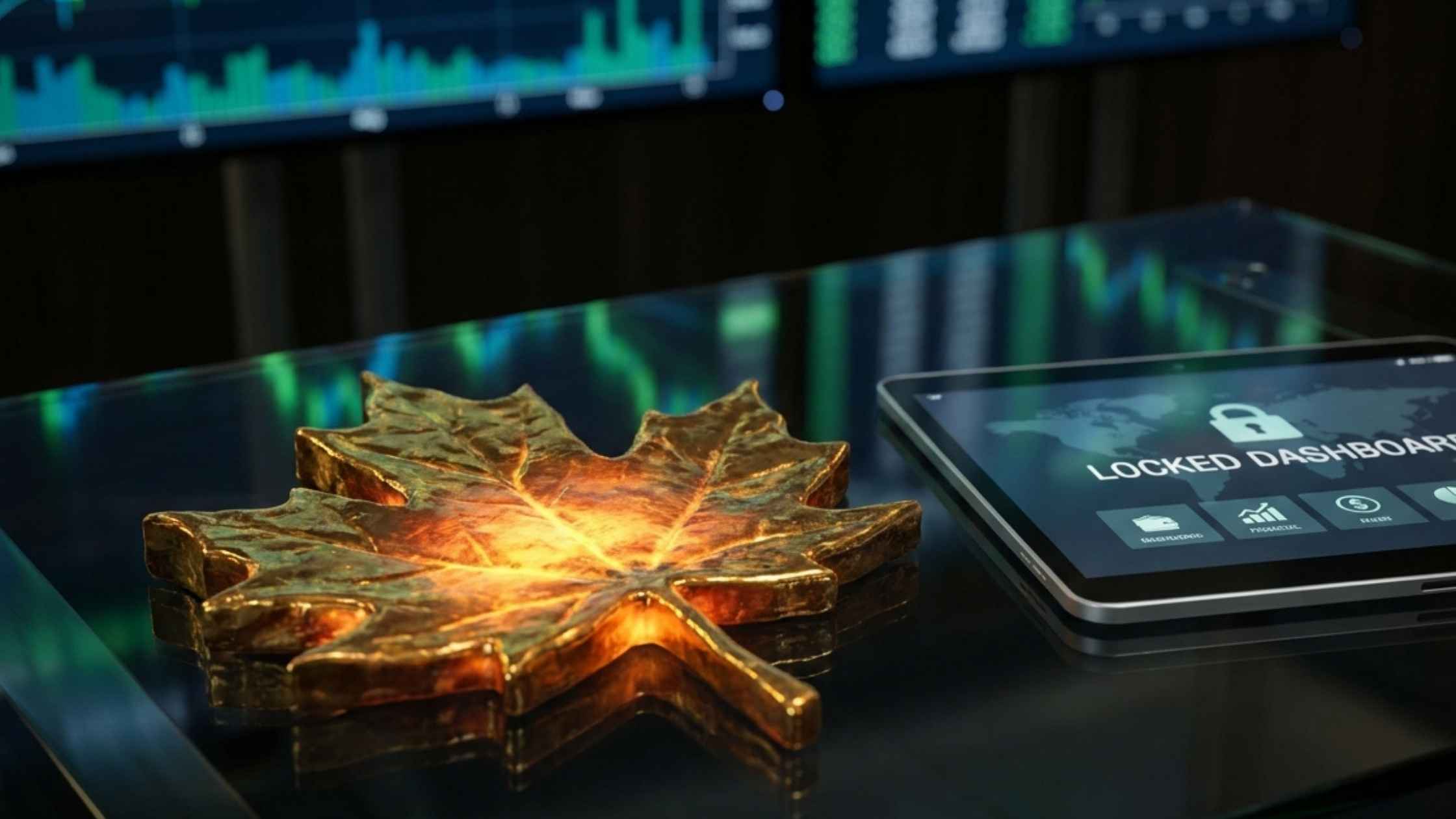 A high-end trading desk and a gold maple leaf representing the best prop firms in Canada for funded traders.