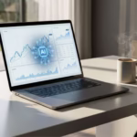 Modern home office desk with a laptop displaying a Quantum AI trading Canada dashboard and a maple leaf paperweight.